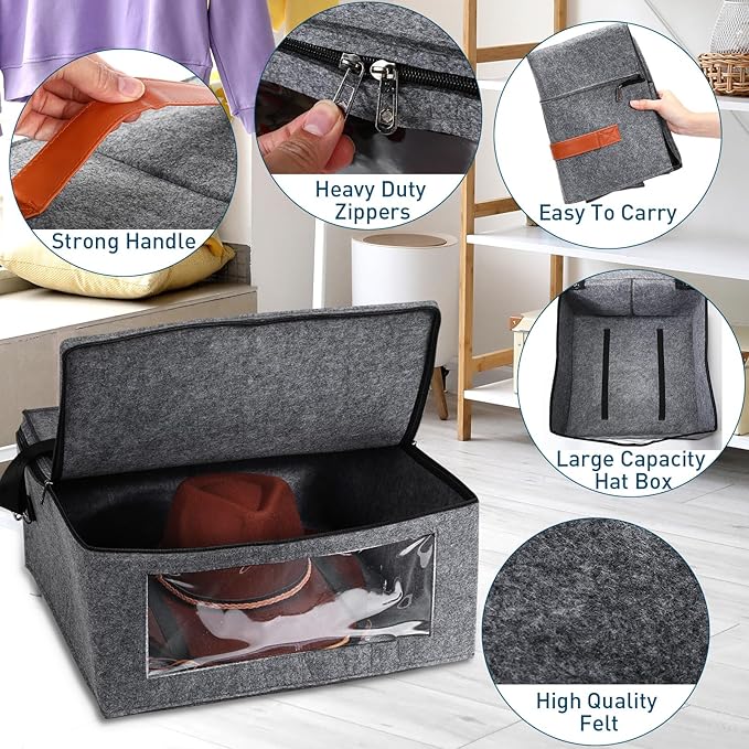 Suzile 2 Pack Hat Storage Box - Foldable Travel Case, Stackable Organizer Bag - Large Capacity - Medium Gray