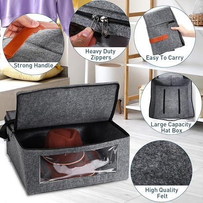 Suzile 2 Pack Hat Storage Box - Foldable Travel Case, Stackable Organizer Bag - Large Capacity - Medium Gray