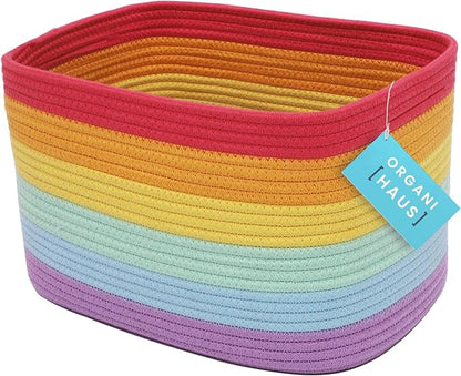 Rainbow Cotton Rope Basket for Shelf Storage - 15"×10"×9½" - Colorful Decorative Basket for Kids - Nursery, Playroom, Classroom - Toy Storage, Books, Towels