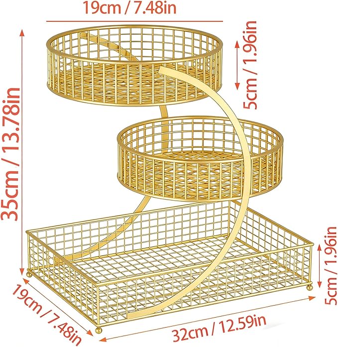 BCWW 3 Tiers Makeup Organizer Countertop Multi Bathroom Counter Organizer Metal Fruit Basket Perfume Skincare Organizers Holder for Vanities, Cabinet, Cosmetic, Dresser Organizer (Gold)
