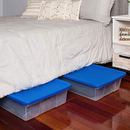 HOMZ 2-Pack Snaplock, Small Clear Plastic Storage Organizer Bins with Lids, 28 Quart, Blue - Stackable Container Boxes for Bedroom, Bathroom, Garage, and Office Organization
