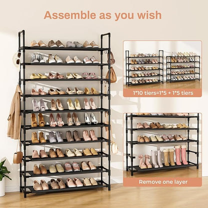 LANTEFUL Tall Shoe Rack 10 Tier Shoe Organizer Large Shoe Shelf with 18 Hooks Storage for 50 Pair, Stackable Vertical Shoe Rack Organizer for Closet, Entryway, Bedroom