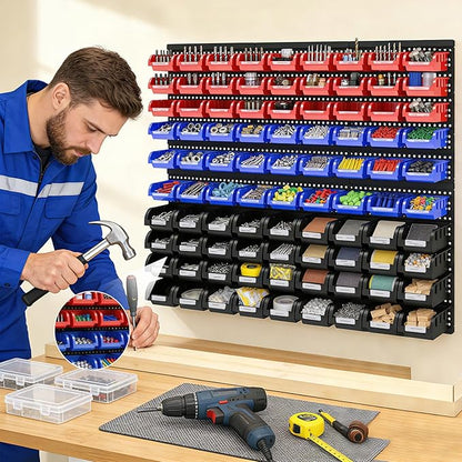 90Pcs Plastic Wall Mounted Storage Bins Parts Rack Nuts And Bolt Bins Organizer For Shop Garage for Screws, Nuts, Bolts, Nails, Beads, and Small Hardware Parts,Red,Blue,Black