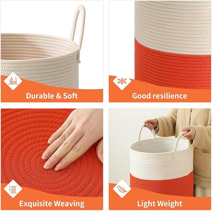 Woven Laundry Hamper Tall Rope Storage Basket for Blanket oys Dirty Clothes in Living Room Bathroom Bedroom (White&Orange, 100L/26.4Gal)