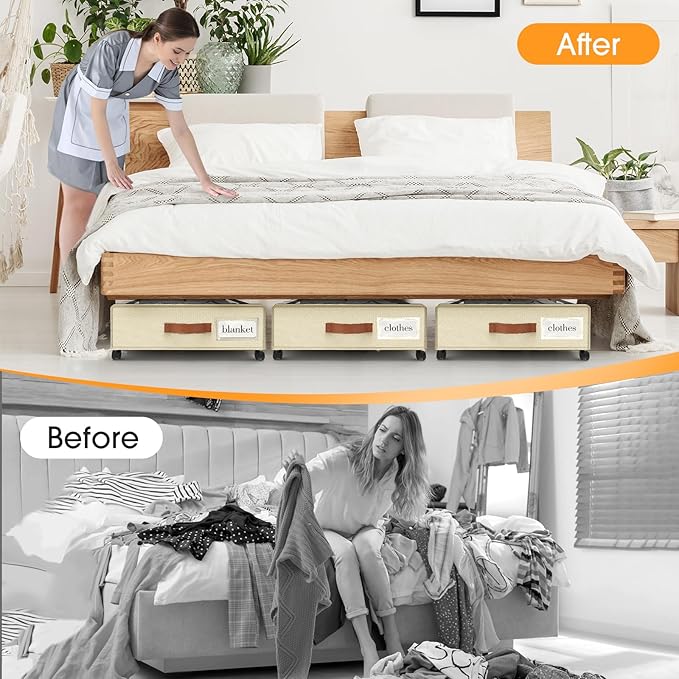 SpaceHacks Under Bed Storage with Wheels 3Pack Underbed Storage with Clear Window&Label Under Bed Drawers Large Capacity Rolling Under Bed Storage for Clothes,Shoes, Blankets (Beige)