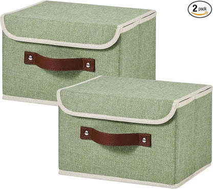 2PCS Storage Bins Box with Lids Decorative Cotton Linen Fabric Baskets Cubes with Handles PP Plastic Board Foldable Washable Clothing Shelf Closet Organizer Container (Light Green, Small)