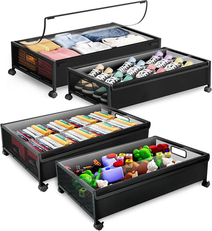 Under Bed Storage with Wheels，4 Pack Under Bed Storage Containers,Underbed Shoe Storage Bedroom Large Capacity Under Bed Storage with Lid for Clothes Shoes Toys Blankets