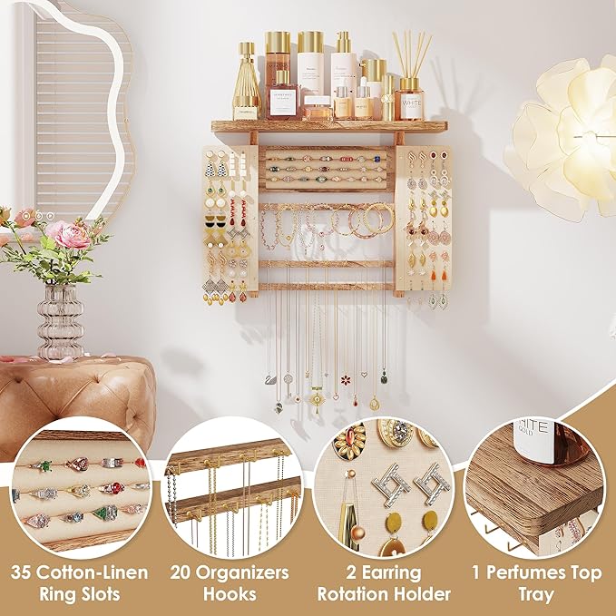 Emfogo Jewelry Organizer Hanging Wall Mounted Jewelry Holder, 5-in-1 Large Capacity Necklace Organizer Display for Ring, Necklaces, Bracelets, Earrings (Rustic Wood)