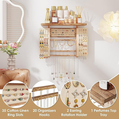 Emfogo Jewelry Organizer Hanging Wall Mounted Jewelry Holder, 5-in-1 Large Capacity Necklace Organizer Display for Ring, Necklaces, Bracelets, Earrings (Rustic Wood)