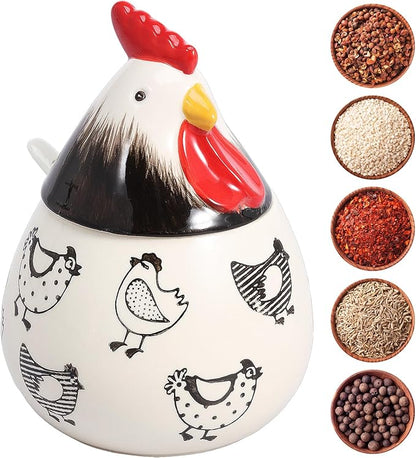 Ceramic Salt Cellar with Lid and Spoon,17oz Large Chicken Rooster Cookie Jar Salt Containers Holder for Countertop Spices,Cute Farmhouse Kitchen Decor,Spice Jar for Coffee,Sugar,Spices,Candies (#A)