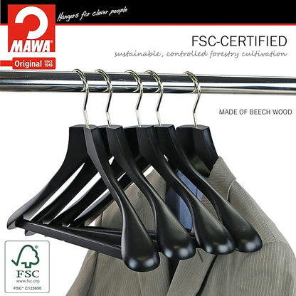 MAWA by Reston Lloyd, European Wooden Hanger, Beech Wood Body Form Hanger with Wide Supportive Shoulders, Rotating Gold Hook, Black Finish, for Shirts, Blazers, Pants, Dress Clothes Hanger, Set of 2