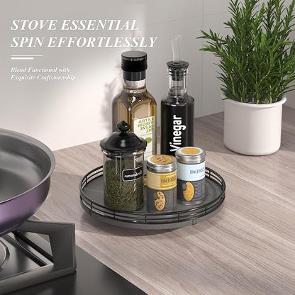 Nature Slate Lazy Susan Turntable for Table Top – 10” Round Slate Tray Organizer for Dining Table, Kitchen Countertop & Bar, Luxury Stone Serving Tray with Black Raised Iron Rim