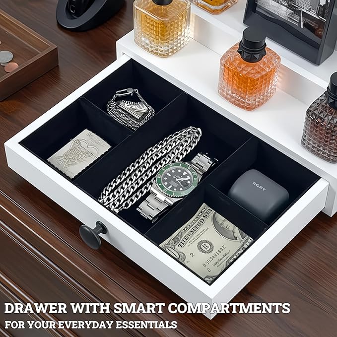 Wooden Cologne Organizer for Men 4 Tier | White Perfume Holder Shelf for Dresser | High Grade Velvet Lining and Stylish Gift Box | Uncluttered Design Perfume Display Stand