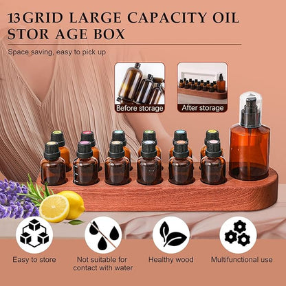 Wooden Essential Oil Holder with 13 Holes (3cmx12 & 5cmx1), Retro Desktop Display Rack for Bathroom Vanity Desk Organizer