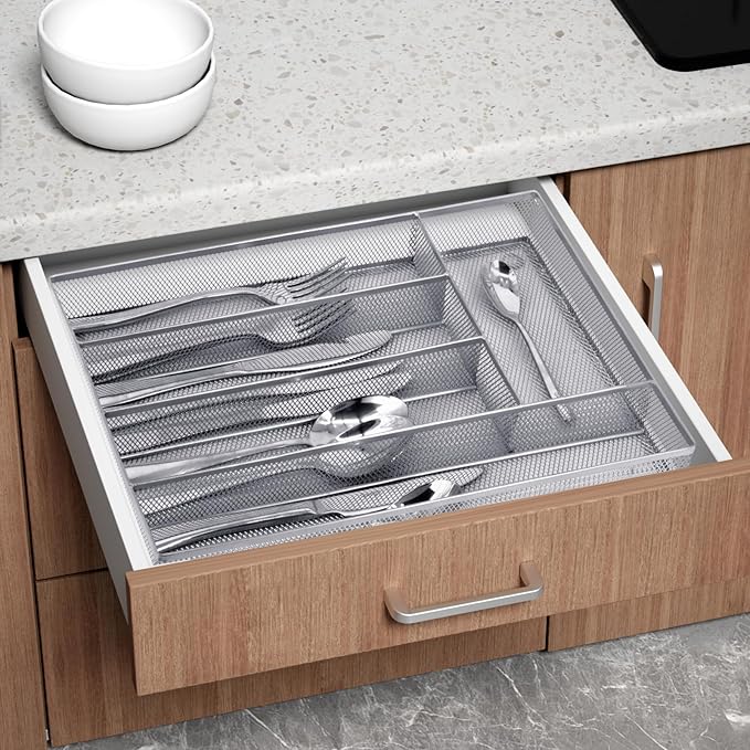 Neudeco Silverware Drawer Organizer - 5 Compartment Cutlery Tray with Non-Slip Feet, Mesh Wire Flatware Storage Divider for Kitchen, Bedroom, Living Room (Silver)