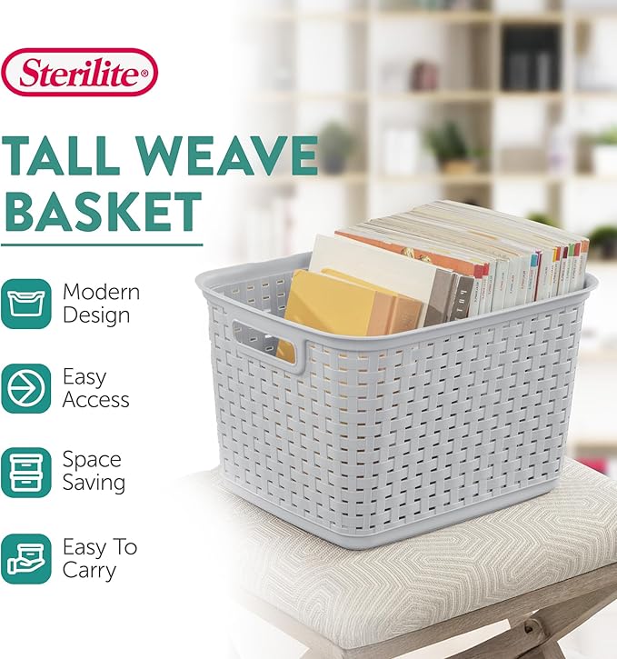 Sterilite 12-Pack Tall Weave Basket, Wicker-Style Plastic Open Storage Bin, Cement Gray - Multi-Purpose Decorative Organizer for Laundry Area, Shelves, Closets, Pantries, Living Rooms or Offices