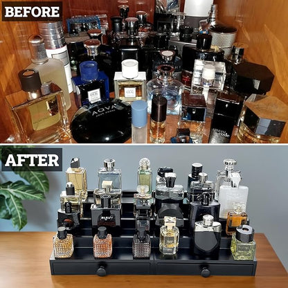 Wooden Cologne Organizer for Men 4 Tier | Black Perfume Holder Shelf for Dresser | High Grade Velvet Lining and Stylish Gift Box | Uncluttered Design Perfume Display Stand