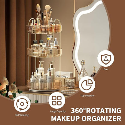 YCIA&DONE Rotating Makeup Organizer for Vanity, Large Capacity Make Up Storage Skin care Shelf Perfume Holders Cosmetic Dresser Organizer Countertop Spinning 360 (Amber Gold, 3Tiers)