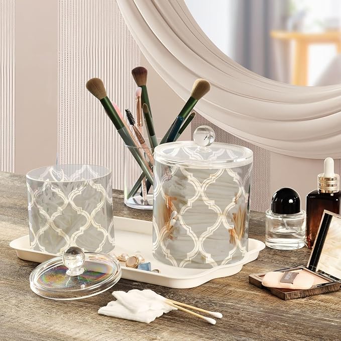 2 Pack Qtip Dispenser Apothecary Jars with Lids Cotton Round Holder Bathroom Canisters for Cotton Swab Floss Ball Pads Clear Plastic Decorative Grey Minimalist Quatrefoil