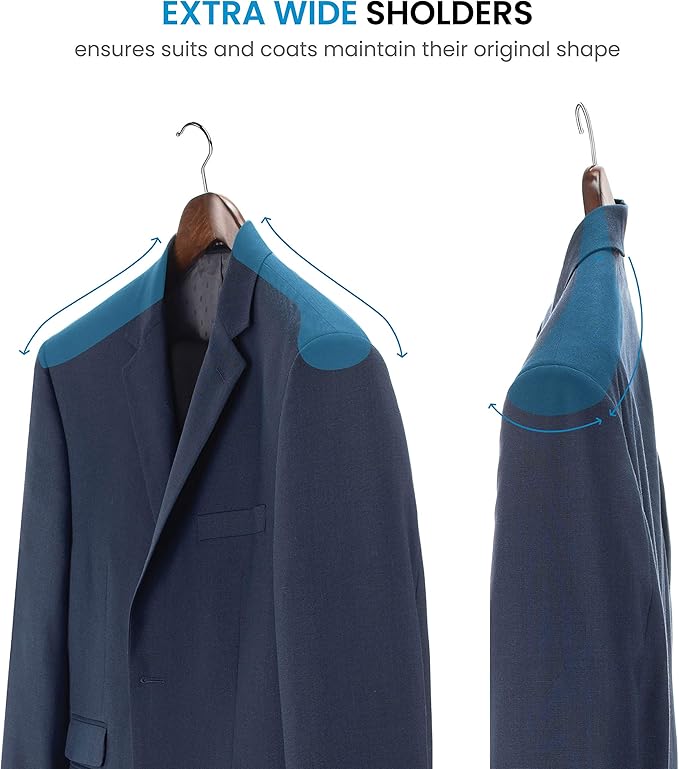ZOBER 6 Pack High-Grade Wooden Suit Hangers for Men, Extra Wide Shoulder Hangers with Non Slip Pants Bar, Smooth Finish, 360 Swivel Hook, Jacket Hanger, Heavy Duty Wide Hanger for Closet