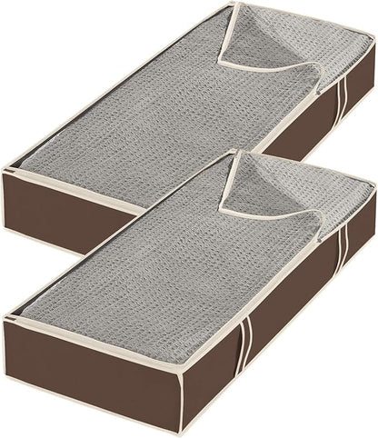 Whitmor Under Bed Storage Bags 2 Pack, Zippered Underbed Storage Containers with Clear Window and Handles, Foldable Clothes Blanket Storage Organizer, 18 x 42 x 6 Inches, Java