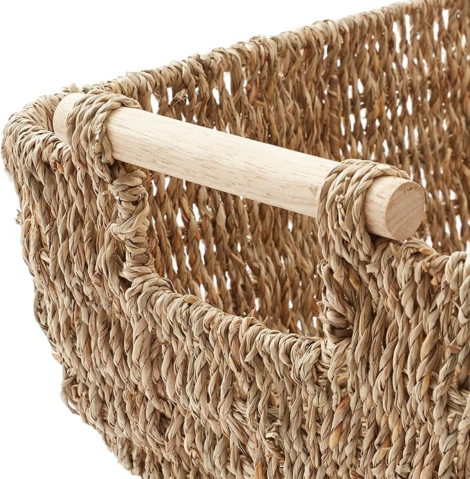 Casafield Set of 2 Seagrass Oval Storage Baskets with Wooden Handles - Large, Woven Bin Organizers