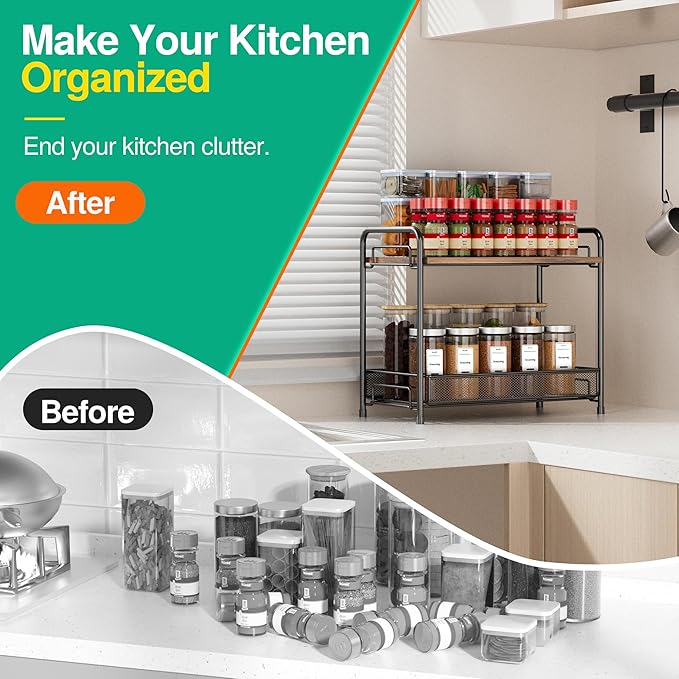 Spice Rack Organizer for Countertop with Wood Top, 2-Tier Foldable Metal Rust-Proof Standing Large Seasoning Storage Shelf with Guardrail & Mesh Design for Kitchen Cabinet Living Room, Black