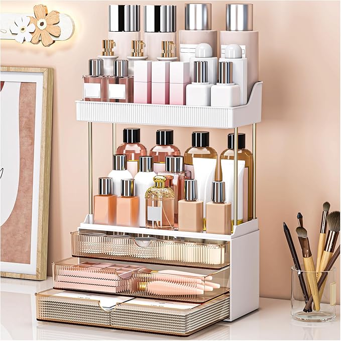 caktraie 2 Pack Bathroom Organizers and Storage - 3 Drawers 2 Tier Makeup Organizer, Cosmetic Storage Drawer for Dresser Countertop and Bathroom Vanity for Large Skincare, Perfume, Amber
