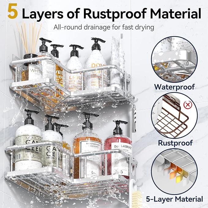 YASONIC Shower Caddy Corner, 2-Pack Adhesive Rustproof Stainless Steel Shower Shelves with Soap Holder, No Drilling Shower Organizer Corner for Dorm, Renters Bathroom Silver