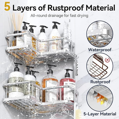 YASONIC Shower Caddy Corner, 2-Pack Adhesive Rustproof Stainless Steel Shower Shelves with Soap Holder, No Drilling Shower Organizer Corner for Dorm, Renters Bathroom Silver