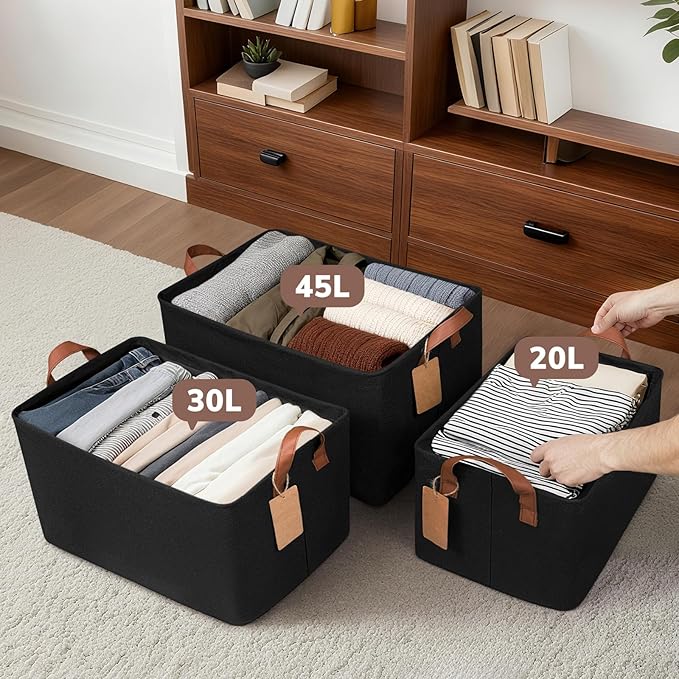 CHICVITA Storage Baskets for Shelves, Extra Large Closet Storage Bins with Metal Frame, Foldable Toy Storage Organizer for Nursery, Living Room, 19" L x 13" W x 11" H, Black, 2-Pack