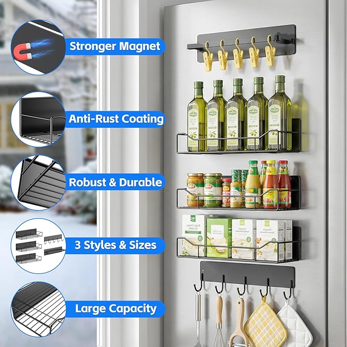 Magnetic Spice Rack for Refrigerator, 5 Pack Magnetic Fridge Organizer Shelves, Strong Magnet, No Drilling, Space Saving Shelf Organizer for Kitchen, Refrigerator & Laundry Room Storage (Grey)
