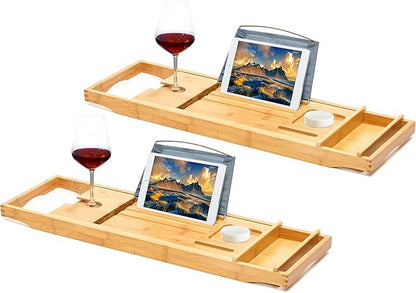 RoyalHouse Bamboo Bathtub Caddy Tray, Expandable Bath Table Over Tub with Glass Book, Adjustable Organizer Tray for Bathroom, Wine and Phone Holder, Ideal Gift for Family & Friends (Pack 2)