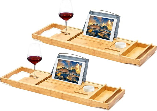 RoyalHouse Bamboo Bathtub Caddy Tray, Expandable Bath Table Over Tub with Glass Book, Adjustable Organizer Tray for Bathroom, Wine and Phone Holder, Ideal Gift for Family & Friends (Pack 2)