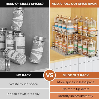 Mystozer Pull Out Spice Rack Organizer for Cabinet, Slide Out Spice Racks, Easy to Install, 7.08" Wx10.43 Dx8.26 H, 2 Drawers 2 Tiers(Silver)