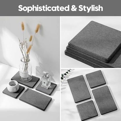 4PCS Water Absorbing Sponge Holder Diatomite Stone Sink Tray Mat, Quick Drying Kitchen & Bathroom Counter Tray Vanity Caddy, Diatomaceous Earth Dish Soap Dispenser Organizer, Dark Gray