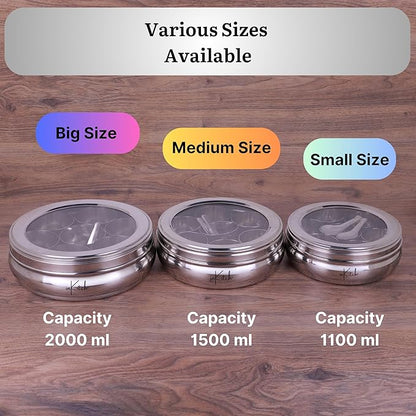 Stainless Steel Belly Shape Spice Box | Masala Dabba | Multipurpose Container/Organizer with See Through Lid with 7 Containers and Small Spoon/Medium