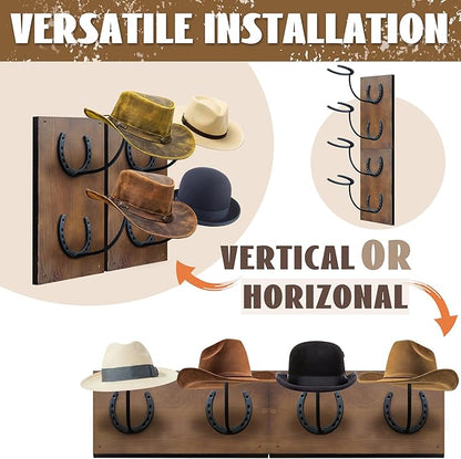 Montex Cowboy Hat Rack for Wall, Wooden Cowboy Hat Holder 4 Hats, Hanging Western Hat Rack, Hat Organizer with Horseshoe Mounts Western, Dark Brown