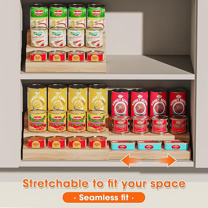 Expandable Can Rack Organizer for Pantry, 3 Tier Wooden Can holder, Canned Goods Organizer Holds Up to 24 Cans Soda, Cannd Food Storage Display for Cabinet, Pantry, Kicthen Countertop
