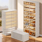 EHAMILY Foldable Shoe Rack Organizer 9-Tier, 27 Pairs Collapsible Shoe Storage Cabinet with Doors, Clear Plastic Stackable Shoe Organizer for Closet, with Boots Space, Easy Tool-Free Assembly, White