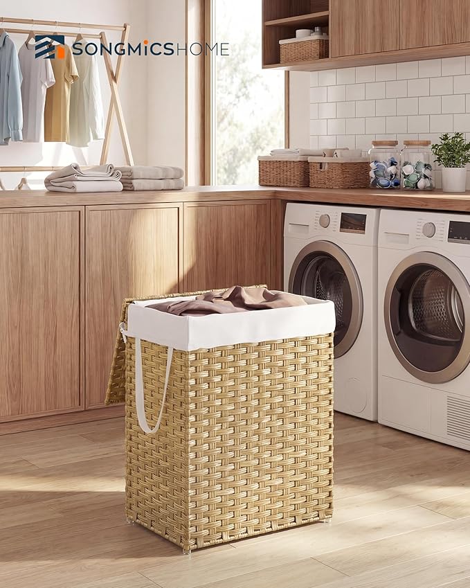 SONGMICS HOME Laundry Hamper with Lid, Clothes Basket with Removable Liner and Handles, 23.8 Gallon, Foldable Narrow Laundry Organizer for Bathroom, Bedroom, Light Brown