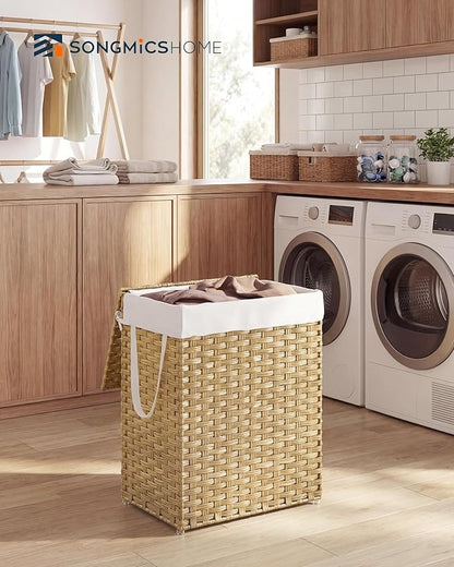 SONGMICS HOME Laundry Hamper with Lid, Clothes Basket with Removable Liner and Handles, 23.8 Gallon, Foldable Narrow Laundry Organizer for Bathroom, Bedroom, Light Brown