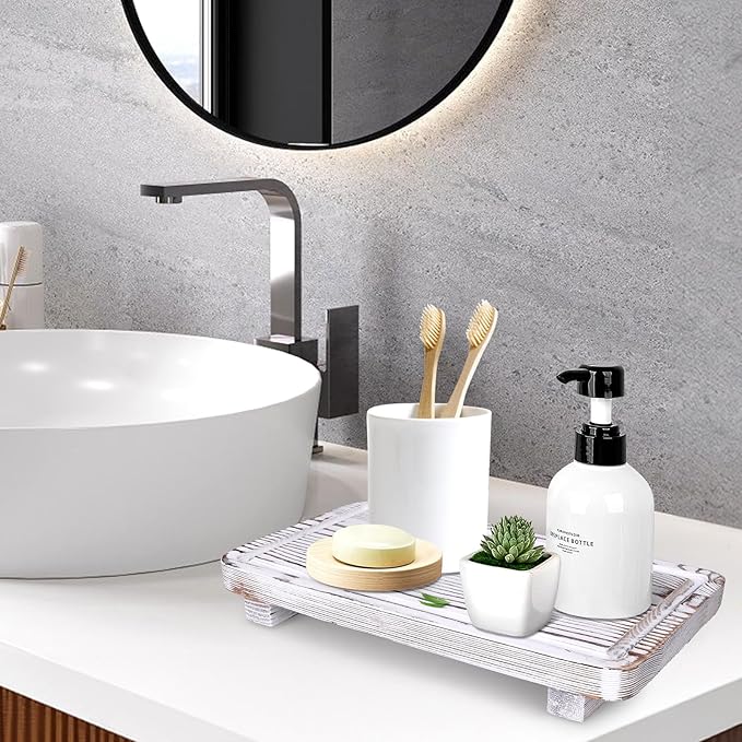 Bathroom Counter Tray Wood Pedestal Stand White Kitchen Countertop Trays Decorative Wooden Riser Display Stands Dish Soap Dispenser Holder for Bathroom Sink Accessories Kitchen Decor Vanity Tray