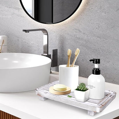 Bathroom Counter Tray Wood Pedestal Stand White Kitchen Countertop Trays Decorative Wooden Riser Display Stands Dish Soap Dispenser Holder for Bathroom Sink Accessories Kitchen Decor Vanity Tray