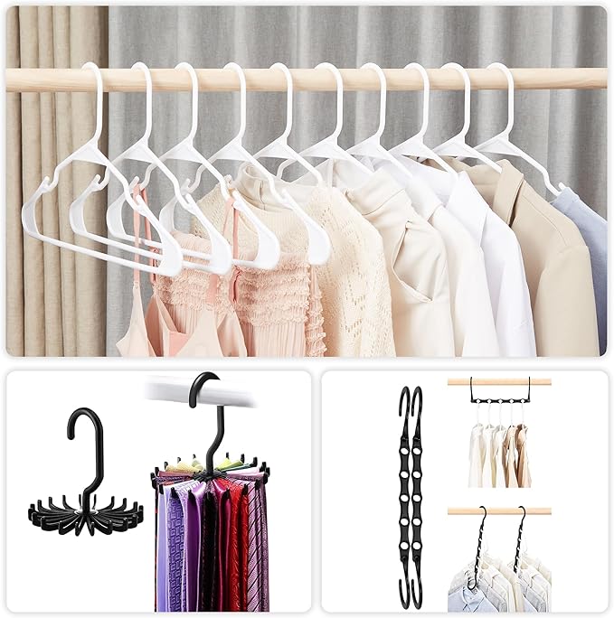 VECELO 50 Pack Plastic Hangers-Clothes Hangers Set with Shoulder Non Slip Notches for Closet Space Saving-Heavy Duty Coat Hanger,White