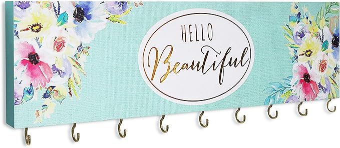 SANY DAYO HOME Wall Mount Necklace Holder Organizer with 9 Jewelry Hooks for Ring, Hair Bow, Headband, Purse - Wall Decor for Girls Room - Hello Beautiful