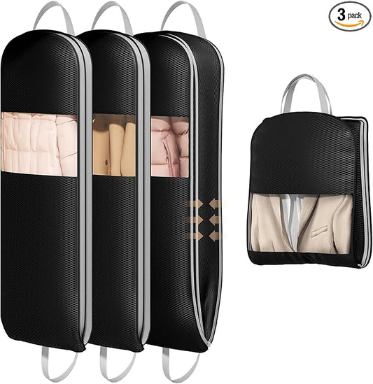 DIMJ 3 Pack 54" Garment Bags for Hanging Clothes - Space Saving Compression Suit Bag Travel with Handles Window, Washable Carry Clothing Storage Cover for Dress, Coats, Down Jacket, Shirts