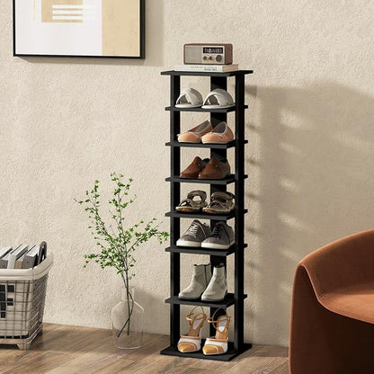BETTARY 8 Tier Vertical Shoe Rack, Narrow Wooden Corner Shoe Organizer for Small Spaces, Removable Shelves, Anti-toppling Device, Shoe Tower for Entryway, Closet, Bedroom (Black, Single Row)
