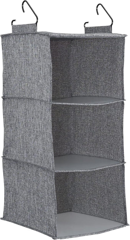 Household Essentials 3 Shelf Hanging Closet Organizer, Hanging Shelf with Hooks, Poly Linen and PEVA Shelving