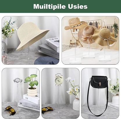 4PCS Clear Acrylic Hat Stands and Display Racks, 12"-17" Adjustable Height Hat Holder, Clear Square Base Hat Stand for Baseball Caps, Wigs, Jewelry, Watches, Helmets and Collectibles